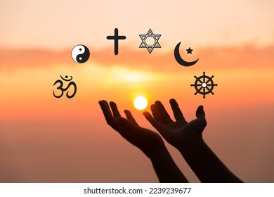 Religious symbols  Christianity cross  Islam crescent  Buddhism dharma wheel  Hinduism aum  Judaism David star  Taoism yin yang  world religion concept  Prophets all religions bring peace to world 