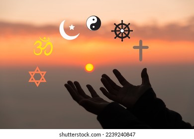 Religious symbols. Christianity cross, Islam crescent, Buddhism dharma wheel, Hinduism aum, Judaism David star, Taoism yin yang, world religion concept. Prophets of all religions bring peace to world. - Shutterstock ID 2239240847