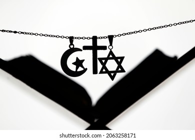 Religious Symbols.  Christianity, Islam, Judaism 3 Monotheistic Religions. Interfaith Dialogue.  France. 