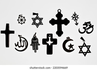 Religious Symbols.  Christianity, Islam, Judaism, Buddhism And Hinduism. Interfaith Dialogue.  France. 