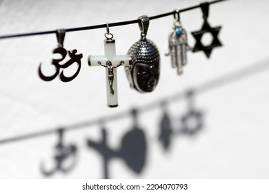 Religious Symbols.  Christianity, Islam, Judaism, Buddhism And Hinduism. Interfaith Dialogue.  