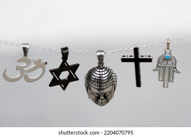 Religious Symbols.  Christianity, Islam, Judaism, Buddhism And Hinduism. Interfaith Dialogue.  