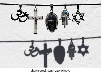 Religious symbols.  Christianity, Islam, Judaism, Buddhism and Hinduism. Interfaith dialogue.   - Shutterstock ID 2204070797