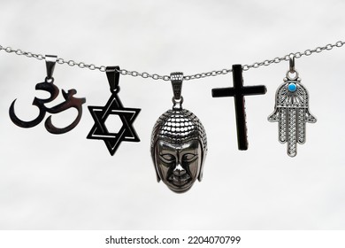 Religious Symbols.  Christianity, Islam, Judaism, Buddhism And Hinduism. Interfaith Dialogue.  