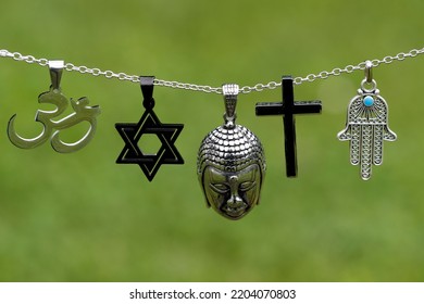 Religious Symbols.  Christianity, Islam, Judaism, Buddhism And Hinduism. Interfaith Dialogue.  