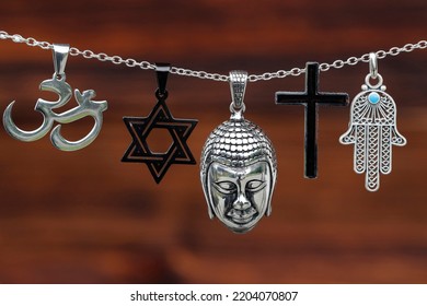 Religious Symbols.  Christianity, Islam, Judaism, Buddhism And Hinduism. Interfaith Dialogue.  