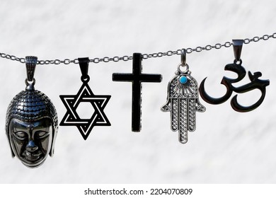 Religious Symbols.  Christianity, Islam, Judaism, Buddhism And Hinduism. Interfaith Dialogue.  