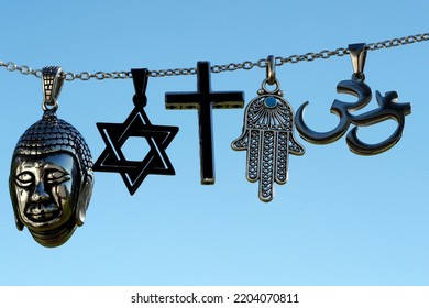 Religious Symbols.  Christianity, Islam, Judaism, Buddhism And Hinduism. Interfaith Dialogue.  