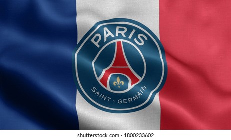 religious symbols of paris saint germain. close up waving flag of paris saint germain. paris saint germain symbols on flag background.