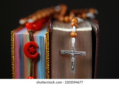 Religious Symbols. Quran, Bible And Prayer Beads. Christianity, Islam. Interfaith Dialogue.  France. 