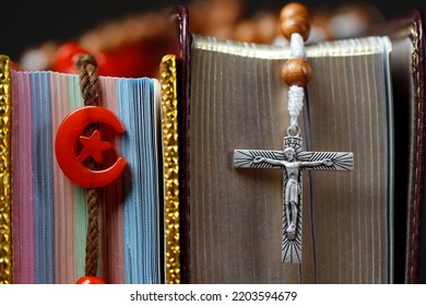 Religious Symbols. Quran, Bible And Prayer Beads. Christianity, Islam. Interfaith Dialogue.  France. 