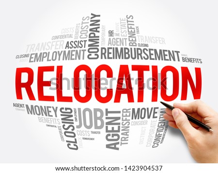 Relocation - process of leaving one's dwelling and settling in another, word cloud concept background