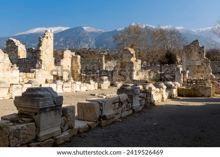 Remained architectural constructions of city basilica, Byzantine church in ancient ruined Lycian citadel of Tlos, Turkey