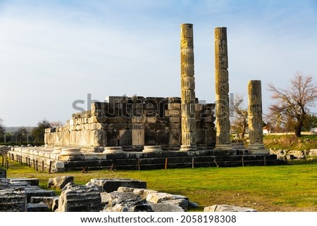 Remained architectural constructions of ruined temple of Leto in Letoon, ancient Lycian sanctuary near city Xanthos, Turkey