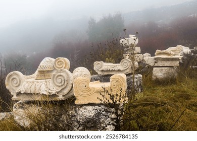 Remained architectural elements and parts of columns at important Turkish archaeological site of Sagalassos on misty winter day.. - Powered by Shutterstock