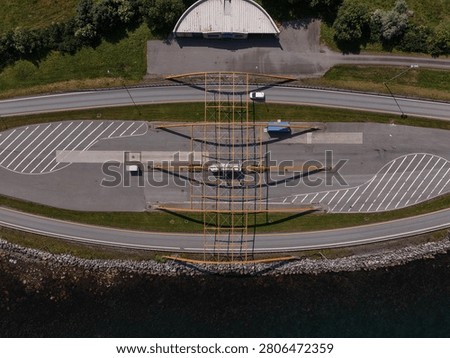 the remaining structure of the old tollbooth on the Island of Sokn in Norway. Seen directly from above using drone. 