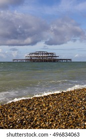 Remains of Brighton Pier left standing in sea, Brighton West Pier, England, UK