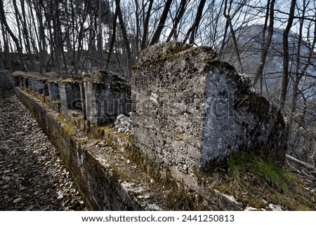 Remains of the concrete trenches of the Austro-Hungarian Great War stronghold of Mount Celva. Trento, Trentino, Italy