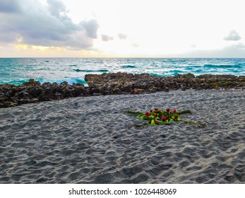 Remains Of Flowers And Palm Fronds Left On A Rocky Florida Beach