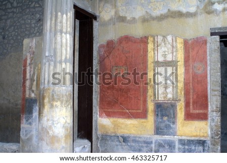 Remains of a fresco on a wall on a villa in the ruins of Pompeii, destroyed by Mount Vesuvius, in 79AD