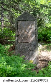 Remains of a "Hunter's Luck Stone", a memorial to a successful hunt in a former enclosure in forests on slopes of "Jested" ("Jeschken") mountain, Czechia. - Shutterstock ID 2160299705