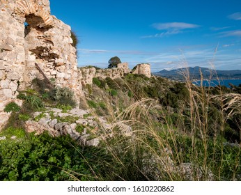 Remains Of The Old Castle Of Navarino (Palaiokastro Or Paliokastro). The Site Of The Athenian Fort  Battle Of Pylos. Pylos-Nestor, Messenia, Peloponnese, Greece