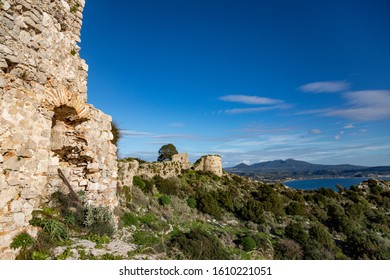 Remains Of The Old Castle Of Navarino (Palaiokastro Or Paliokastro). The Site Of The Athenian Fort  Battle Of Pylos. Pylos-Nestor, Messenia, Peloponnese, Greece