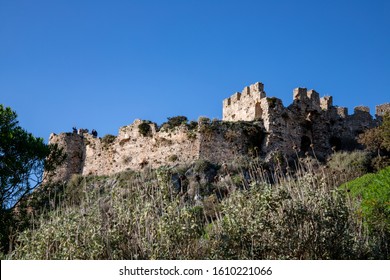 Remains Of The Old Castle Of Navarino (Palaiokastro Or Paliokastro). The Site Of The Athenian Fort  Battle Of Pylos. Pylos-Nestor, Messenia, Peloponnese, Greece