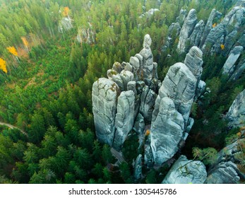 Remains of rock city in Adrspach Rocks, part of Adrspach-Teplice landscape park in Broumov Highlands region of Czech Republic. Aerial photo.