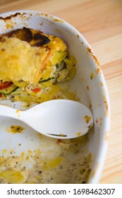 Remains Of A Vegetarian Vegetable Lasagna In A Baking Dish