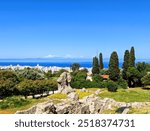 Remains of the walls, battlements, towers, stairs and fortifications of the old fortress of Patras, photographed on a sunny summer