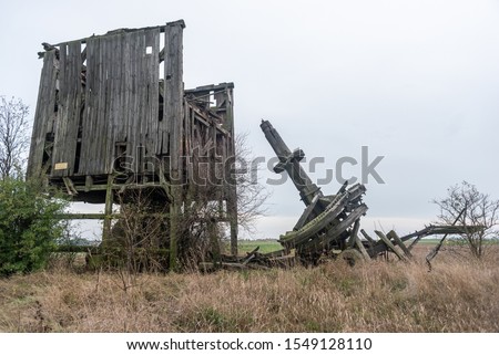 Remains of a wooden windmill structure from 1850 - the oldest type of European windmill in Morwino, Greater Poland. The first windmills of this type appeared in the 12th century in Belgium or France