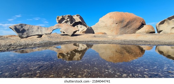 Remarkable Rocks In Kangaroo Island Is A Granite Stunning Work Of Nature Has Been Shaped By The Erosive Forces Of Wind, Sea Spray And Rain Over. The Golden Orange Lichen Cover Some Of The Rocks.