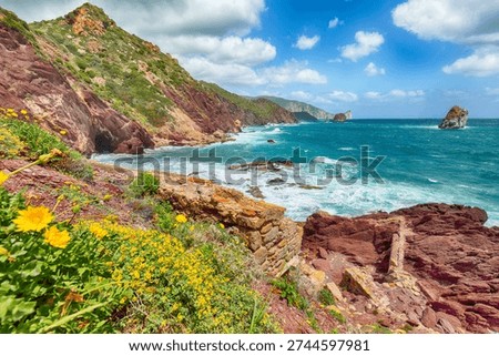 Remarkable spring view of ancient ruins of Laveria Lamarmora (Miniera di Nebida). Stunning Mediterranean seascape.  Location:  Nebida, Sardinia, Italy Europe