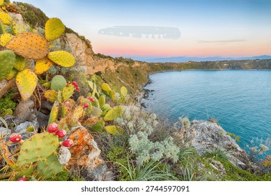 Remarkable spring view on the the cape Milazzo panorama of nature reserve.  Location: cape Milazzo, Tyrrhenian sea, Island Sicilia, Italy, Europe