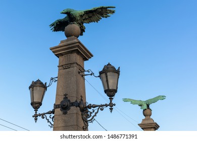 Remarkable Statues Of Eagles Bridge (Orlov Most) Sofia, Bulgaria On A Summer Day With Cloudless Sky