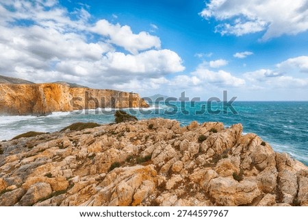 Remarkable view of cliffs in valley Cala Domestica  and storm on the sea.  Location:  Buggerru, South Sardinia, Italy Europe