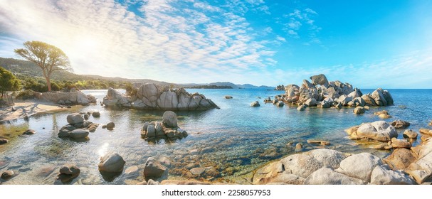 Remarkable  view of  Palombaggia and Tamaricciu beaches. Famous travel destination. Location: Porto-Vecchio, Corsica, France, Europe