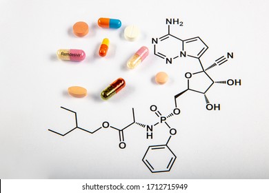 Remdesivir, GS-5734, C27H35N6O8P Molecule. It Is Antiviral Drug For Treatment Ebola Virus, Under Study As Treatment For Coronavirus 2019-nCoV. Skeletal Formula.