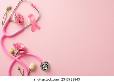 Remember the cause this International Breast Cancer Awareness Month. Top view photo of satin pink ribbon with fresh eustoma flowers on pastel pink isolated background, suitable for text or advertising - Powered by Shutterstock