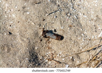 Remnants And Consequences Of War. A Rifle Bullet Shell Lies On A Ground. A Metal Body Is Covered With Rust. Sand With Sea Shells.