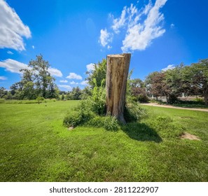 Remnants of a Fallen Tree in Forest Park, St. Louis, Missouri, USA. A large sawed-off tree stump stands surrounded by lush green lawn and summer foliage under a bright blue sky with white clouds at Forest Park in St. Louis, Missouri, USA.