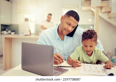 Remote, Business Man And Parent Multitasking With Child At Home, Talking On Phone Call And Help With Homework. Productive Single Father Online Project Management While Discuss Strategy And Balance