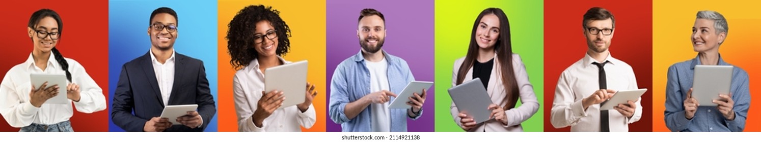 Remote Business. Portrait Of Diverse Multiethnic People With Digital Tablets In Hands Posing Over Colorful Studio Backrounds, Creative Collage With Different Men And Women Using Modern Gadgets