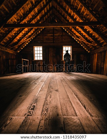 Remote cabin with lonely man standing in the window