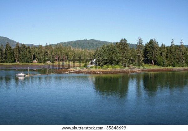 Remote Cabins Along Wrangell Narrows Southeastern Stock Photo