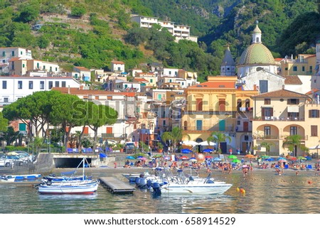 Remote church and traditional buildings around the harbor of Cetara, Amalfi coast, Italy