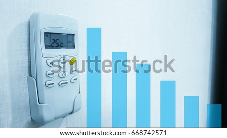 Remote control of air condition and set 25 celcius degree,Graph decrease trend of energy,energy saving.