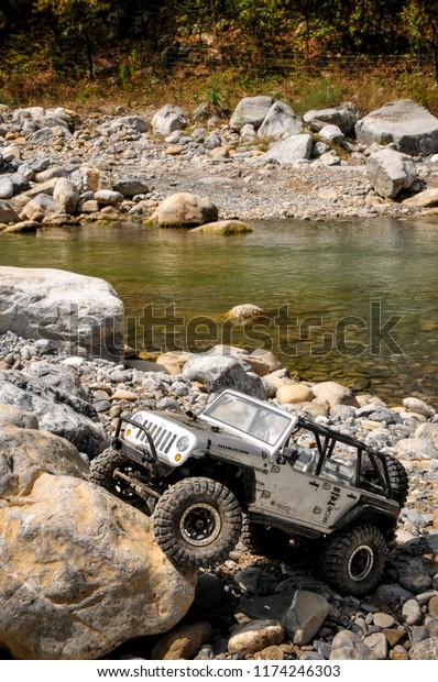 Remote control jeep wrangler.\
Rock crawler toy jeep. Monterrey Nuevo Leon, Mexico. August 25,\
2012.