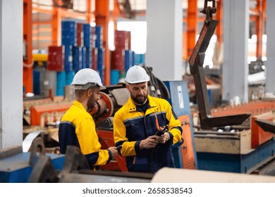 remote control overhead crane : engineer worker working control sheet metal roof machine at metal sheet profiling factory. Industrial production. Service and Maintenance of factory machinery - Powered by Shutterstock - Get 15% off with code: PIKWIZARD15